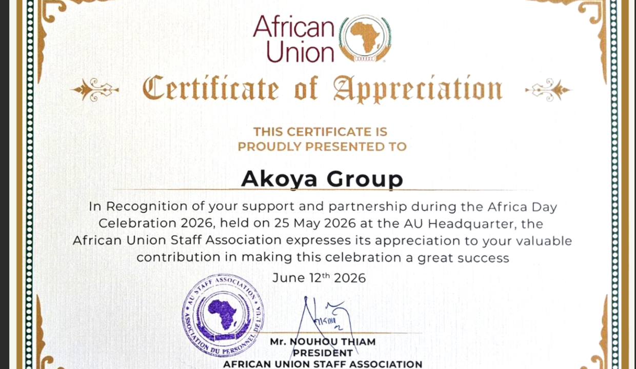 Certificate of Appreciation from the African Union Staff Association presented to Akoya Group